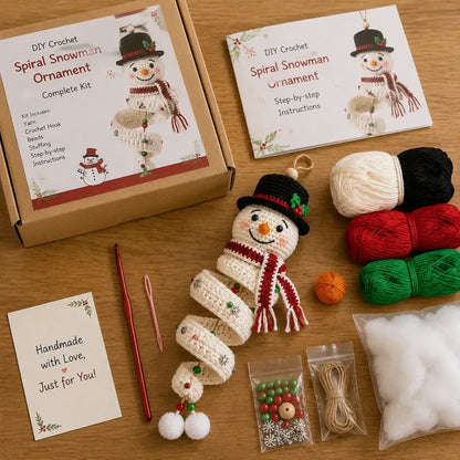 ☃️ Crochet Snowman Spiral Ornament DIY Kit – Beginner-Friendly Christmas Craft Set with Yarn, Crochet Hook & Festive Decorations